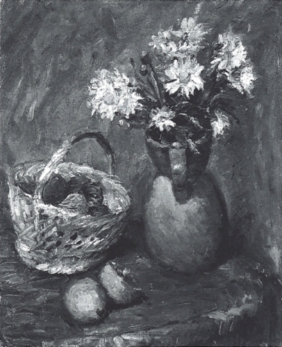 静物:バスケットに入った果物と花瓶の花