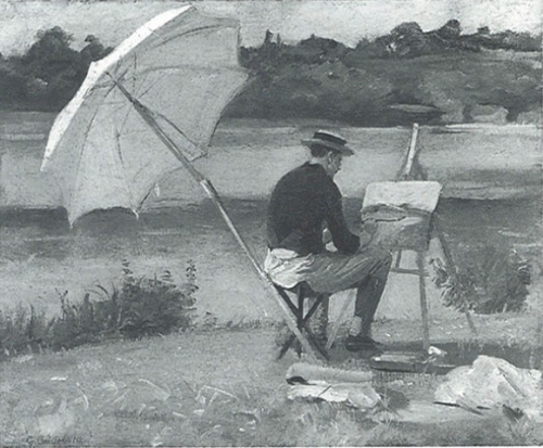 川岸で絵を描く日傘のテオドール=ロビンソン