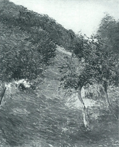 ノルマンディーの風景、茂った丘のリンゴの木々